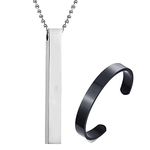 Fashion Frill Men's Jewellery Silver Chain For Men Stainless Steel 3D Cuboid Vertical Bar/Stick Pendant Necklace Cuff Stylish Bracelet For Men Jewellery Set Combo of 2