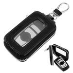 Amabro Leather Car Key Fob Case, Car Key Holder with Metal Hook and Keyring Zipper Bag Transparent Window Auto Key Case Cover Protector for Men Women(Black)