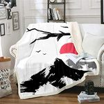 Mount Fuji Blanket Throw, Mountain Cherry Branches Red Sun Ink Painting Japanese Style Ukiyo-E Theme Sherpa Blanket, Decorative Sofa Fleece Blanket Lightweight, Single 50"x60", Black White Grey