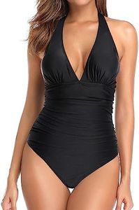 Holipick Women One Piece Swimsuit Tummy Control Halter Bathing Suit Sexy Plunge V Neck Swimwear, 2black, Large
