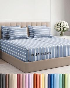Extra Deep Split King Sheet Set - 7 Piece Breathable & Cooling Sheets - Hotel Luxury Bedding Set 18-24 Inch Extra Deep Pockets - Easy Fit, Soft, Wrinkle Free & Comfy - Blue Stripes, Split King Size