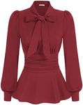 GRACE KARIN Women's Long Sleeve Peplum Dressy Shirt Office Bow Tie Work Blouses Tops Smocked Waist, Red, Small