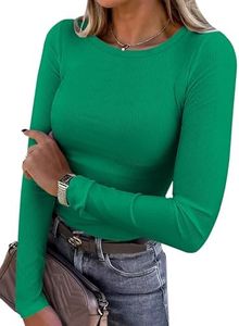 ANRABESS Women Long Sleeve Shirts Ribbed Fitted Tops,Green,M