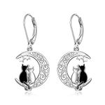 Black Cat Earrings for Women Crescent Moon Celtic Knot Cute Black and White Kitten Cat Sterling Silver Earrings Stud Hypoallergenic Halloween Lover Gifts Jewelry, Sterling Silver, Cubic Zirconia