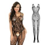 Plimbin Women's Fishnet Bodystocking Lingerie Set, Lace Mesh Mini Dress, Babydoll Chemise, Bodycon Cut-Out Bodysuit with Suspenders Sexy Nightwear Black