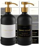 Verute 500ml Glass Soap Dispenser with Stainless Steel Pump, 21 Waterproof Labels, Non-Slip Protective Silicone Pad, Set of 2 for Bathroom & Kitchen (Matte Black Bottle/Brushed Gold Pump)