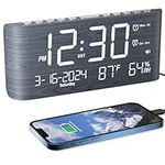 Wooden Alarm Clock,Digital Clock with Large LED Display,Temperature/Humidity/Date/Week, Dual Alarms for Workday/Weekend, 2 USB Charging Ports, Dimmer, Calendar Alarm Clocks for Bedrooms Office Kids