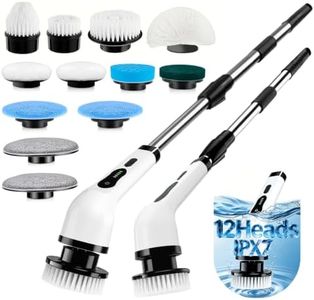 Electric Spin Scrubber, Cordless Cleaning Brush Scrubber with 12 Replaceable Brush Heads, 360 Power Scrubber Dual Speed with Adjustable & Detachable Handle for Bathroom Kitchen Car (White)