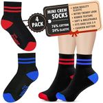 Forever Bambe Mini Crew Socks for Women Soft Terrycloth Cushioned Bottom Striped Retro Athletic Quarter Calf Gym Socks (4-Pack) Black Ankle Socks Red/Blue Stripe