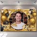 Happy Birthday Backdrop Background Banner Photo Personalised Black and Gold Sign Poster Fabric Glitter Cloth Curtain Party Decorations man woman any name and age