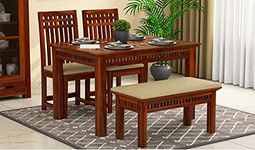 SM ARTS Solid Sheesham Wood Dining Table 4 Seater|Four Seater Dinning Table With 2 Chairs & 1 Bench For Home|Chairs With Cushion|Wooden Kitchen Dinner Table 4 Seater|Rosewood,Dark Honey Finish