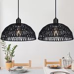 Yolsunes Rattan Pendant Light Fixtures 2 Packs, Black Boho Woven Basket Pendant Light, Handmade Wicker Hanging Lamp, Rattan Chandelier for Kitchen Island, Dining Room, Living Room, Bedroom, E26 Base