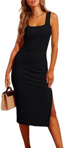 Valiamcep Women's Summer Midi Bodycon Dresses Basic Square Neck Side Slit Ribbed Knit Fitted Casual Sleeveless Tank Dress, A Black, Small