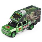 DEUSON ECOM Jurassic Dinosaurs World Die Cast Metal Car 1:32 Diecast Car Model Transport Truck Light Sound Openable Door Pull Back, Multi Color