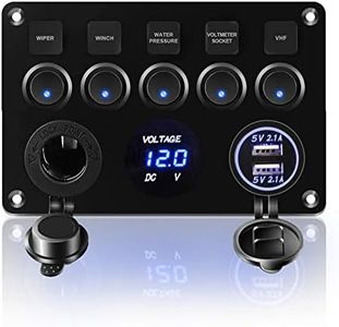 KAOLALI Interruptor de Palanca 5 Interruptores 12V/24V, 4,2A Cargador Coche Doble Puerto LED, Enchufe de Encendedor de Cigarrillos, IP65 Impermeable para Barco, Coche, RV, Autocaravana, Yate (Azul)