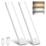 OUILA Under Cabinet Kitchen Lights, 3 Color Dimmable 32 LED Motion Sensor Lights Indoor, 1000mAh USB-C Rechargeable LED Lights for Cupboard, Kitchen (3 Color Temperature, 20.5cm-2Pack)