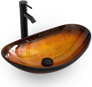 eclife 21.5" Bathroom Vessel Sink Modern Artistic Single Brown Boat Tempered Glass Basin Countertop Bowl Sink for Lavatory Vanity Cabinet, W/Water Save Faucet Pop Up Drain (A29BR)