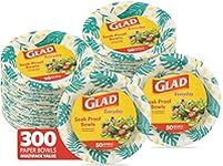 Glad Disposable Paper Bowls with Palm Leaves Design, 16 Ounces, Soak Proof, Cut-Proof, Microwaveable, 300 Count | Heavy Duty Disposable Bowls for Everyday Use | Strong Paper Bowls