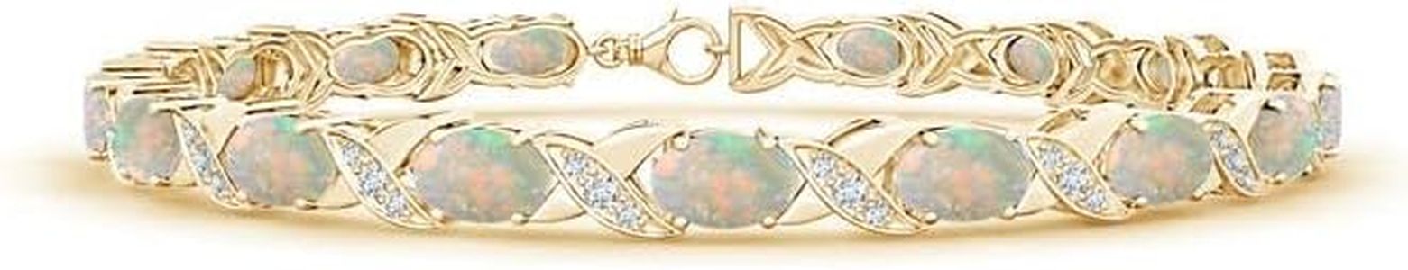Angara Natural Classic Oval 4.76 ct Opal and Diamond XOXO Link Bracelet in 14K Yellow Gold for Women (Size-6x4mm) | October Birthstone Jewelry