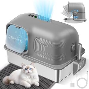 Petnology Stainless Steel Litter Box, Odor Control Enclosed Cat Litter Box with Flip-Top Lid, Extra Lage 65L, Anti-Leak, Scoop and Litter Mat Included, Easy to Clean Gray