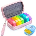 AUVON Pink PU Leather Bag Pill Boxes 7 Day 2 Times a Day, Large AM/PM Pill Box Organiser with Portable Zipper Leather Bag for Holding Supplements, Vitamins and Fish Oils