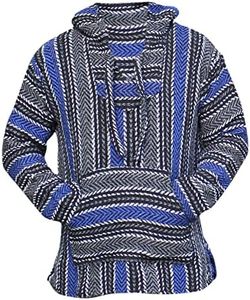 Del Mex Deluxe Mexican Baja Hoodie Sweatshirt Pullover Jerga Surf Poncho Drug Rug, Blue, Large