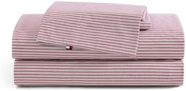 Tommy Hilfiger - Sheet Set, Cotton Percale Bedding with Matching Pillowcases, Crisp & Cool, Premium Quality Home Essentials (Highland Ticking Stripe Red, Queen)