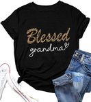 Blessed Grandma T-shirt for Women Cute Heart Pattern Shirt Leopard Letter Print Casual Grandma Gigi Gift Top,Blessed black M