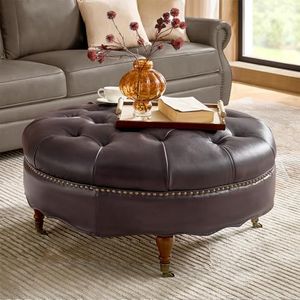 HULALA HOME 40" Genuine Leather Coffee Table with Rolling Wheels, Espresso