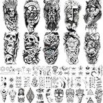 BUXIUGAN Temporary Tattoos, 50 Sheets fake tattoos for Men Women Adults, 10 Large 3D Realistic Half Sleeve Temporary Tattoos, 40 Tiny Prisoner Tattoos With Skull Skeleton Animals Faux Tattoos Stickers (A)