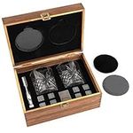 GOURMEO Whisky Stones and Whisky Glasses Gift Sets for Men - Whiskey Glasses, Ice Tong & Coasters with A Wooden Box for Boyfriend - Whisky Stones & Glass Gifts Set for Fathers Day