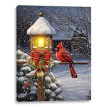 alottagifts Winter Cardinal Lamp Post Lighted Canvas Wall Art Print 16" x 12" With Timer | LED Canvas Wall Art Print Design | Modern Artwork for Living Room (Winter Cardinal Lamp Post, 16" x 12")