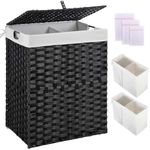 Greenstell Laundry Hamper with 2 Removable Liner Bags & Lid, 90L No Install Needed Handwoven Divided Laundry Basket, Foldable Synthetic Rattan Storage Hamper for Clothes, Toys in Bathroom, Bedroom