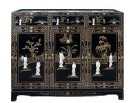 Chinese Furniture - Black Lacquer Sideboard Cabinet with Mother of Pearl Inlay, Oriental Furniture