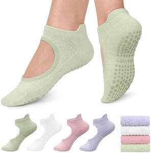 H HOME-MART 4 Pairs Grip Socks Pilates Socks Women with Mesh,Non-slip Yoga Athletic Yoga Socks Reformer Pilates Grip Grippy Socks (Standard, Green/Pink/White/Purple)