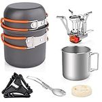 Gurukim 8pcs Camping Cookware Set, Camping Pot and Pan Set with Mini Backpacking Stove Stainless Steel Cup Spork and Tank Bracket Cleaning Tools Mesh Bag,Cooking Gear for Outdoor Hiking Picnic