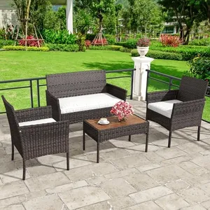YITAHOME 4-Piece Patio Bistro Set, All-Weather Outdoor Patio Furniture Rattan Wicker Loveseat Conversation Set with Wooden Side Table and Soft Cushions, Brown+Beige
