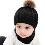 2PCS Toddler Baby Knit Hat Scarf Winter Warm Beanie Cap with Circle Loop Scarf Neckwarmer, Black, 0-3 Years