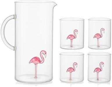 The Wine Savant Flamingo Pitcher & 4 Glasses Set Decanter with 4 Pink Flamingo Glasses 9oz Elegant Glass Set, Great for Water Iced Tea, Sangria, Lemonade, and More! 1300ml 9" H, Cute!