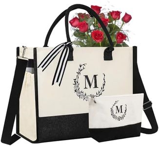 alelarocr Personalized Tote Bag for Women, Initial Canvas Beach Bag with Makeup Bag, Floral Monogram, Large Tote with Inner Pocket, Shoulder Strap for Mom, Teacher, Birthday, Letter M