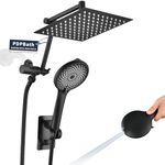 PDPBath 8" Rainfall Shower Head with 12" Upgrade Flexible Extension Arm, All Metal Shower Head with Handheld Combo, Handheld Wand with 70" Extra Long Shower Hose, 3-Way Diverter, Matte Black