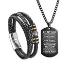 To My Son Bracelet Necklace Set From Mom and Dad Braided Leather Double Row Bracelet with Alloy Magnetic Clasp and Dog Tag Pendant Cuban Link Chain Necklace Military Jewelry for Birthday Christmas,