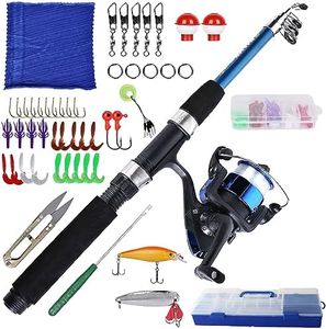 Asfrode Kit de pêche pour enfants, kit de démarrage avec moulinet et appât, canne à pêche télescopique en fibre de carbone de 1,5 m et moulinet de ligne, accessoires de pêche pour enfants de 3 à 10