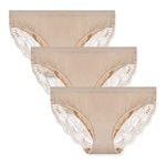LIQQY Women's 3 Pack Comfortable No Ride up Lace Trim Bikini Panty Underwear (Small, Nude)