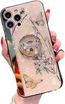 for iPhone 11 Pro Max Case for Women Luxury Cute Glitter Girly Butterfly Floral Design with Ring Kickstand,Gold Plating Pearly Hard Back Pretty Bling Diamond Phone Case for iPhone 11 Promax Pink