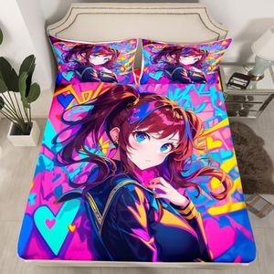 Erosebridal Anime Girl Queen Fitted Sheet, Japanese Anime Bed Sheets for Kids Girls Teens Adult Bedroom, Cartoon Girl Bedding Set Kawaii Japanese Animation Sheets 3 Piece, Purple