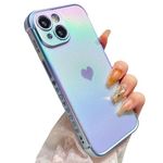 ZTOFERA Compatible with iPhone 14 (6.1") Case for Girls Women, Luxury Fluorescent Iridescent Matte Silicone Case with Cute Love Heart Pattern Plated Rim Shockproof Cover, Iridescent Sierra Blue