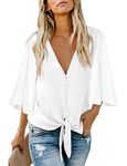 Eddoyee Women Fashion Solid Color Blouse Sexy V Neck Button Down Shirt Cute Tie Knot Flowy Tops White S