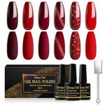 Shining She Red Gel Nail Polish, 6 Colours Cherry Red Burgundy Dark Glitter Black Gel Polish Set Cat Eye Nail Polish Soak-Off UV/LED Nail Polish Gel for Nail Art Salon DIY Home, 8ML