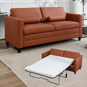 BALUS Faux Leather Pull Out Sofa Bed, 2-in-1 Convertible Sleeper Sofa Couch with Memory Foam Mattress, Modern Loveseat Futon Couches with 2 Bolster Pillows for Living Room Apartment-Cognac, Full Size